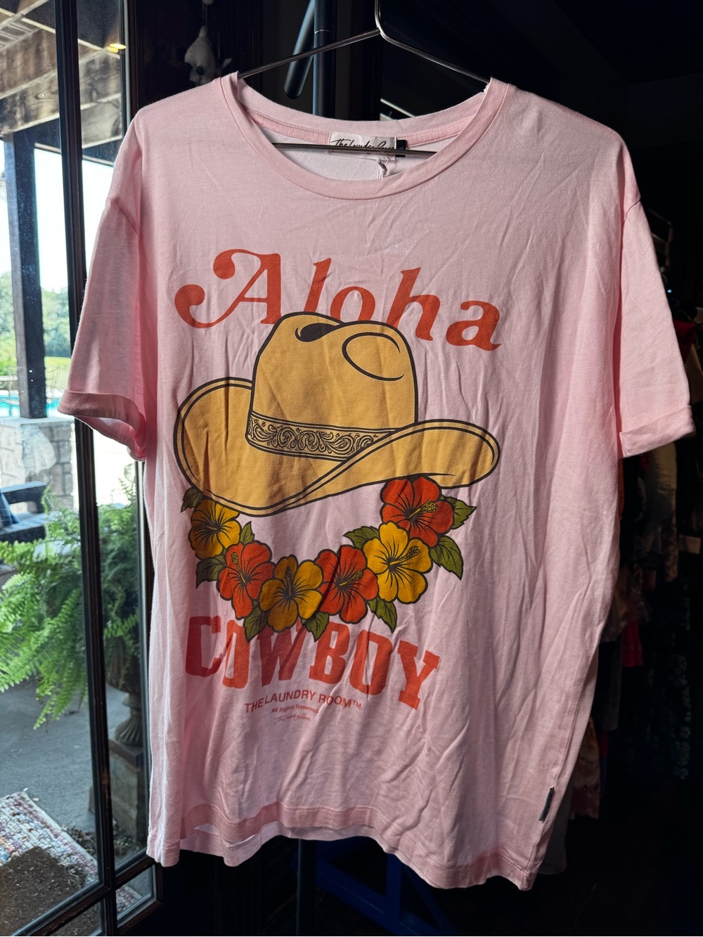 NWT The Laundry Room Pink Oversized Graphic T Shirt Aloha Cowboy Size XS